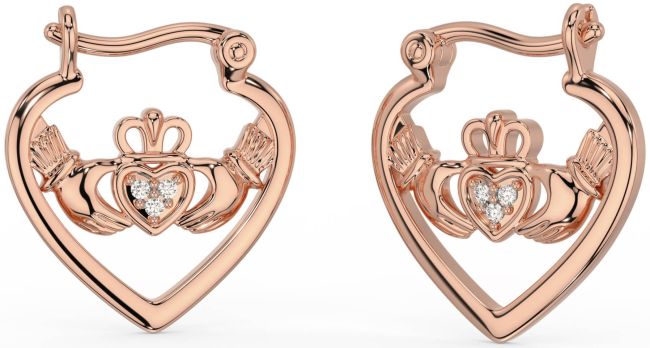 Diamond Rose Gold Silver Claddagh Hoop Earrings