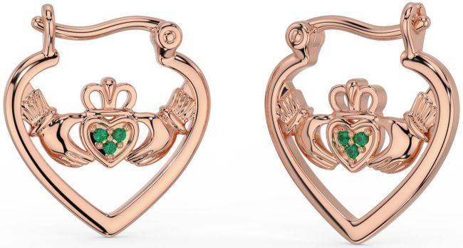 Emerald Rose Gold Silver Claddagh Hoop Earrings