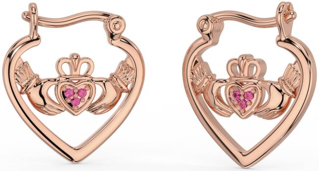 Pink Tourmaline Rose Gold Silver Claddagh Hoop Earrings