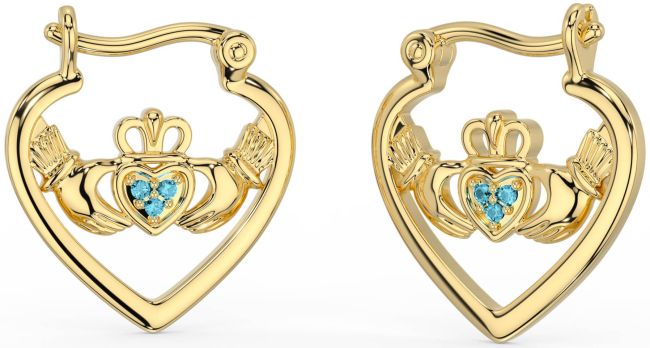 Aquamarine Gold Silver Claddagh Hoop Earrings