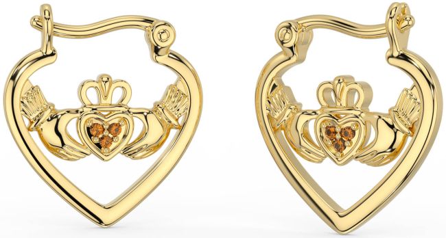 Citrine Gold Silver Claddagh Hoop Earrings