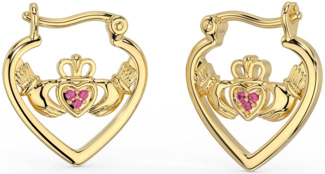 Pink Tourmaline Gold Silver Claddagh Hoop Earrings