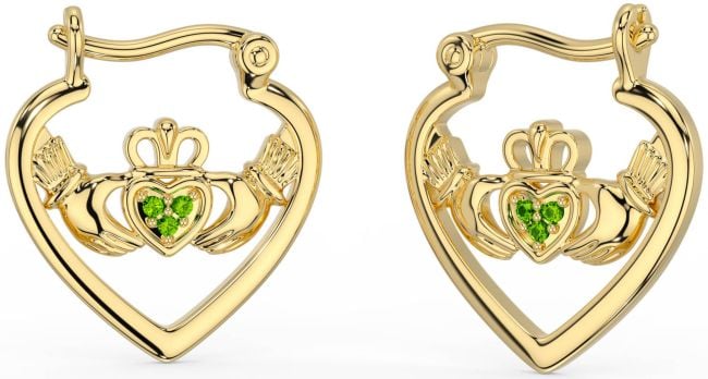 Peridot Gold Silver Claddagh Hoop Earrings