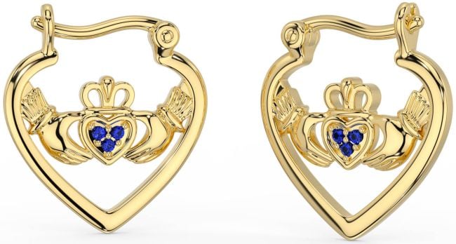 Sapphire Gold Silver Claddagh Hoop Earrings