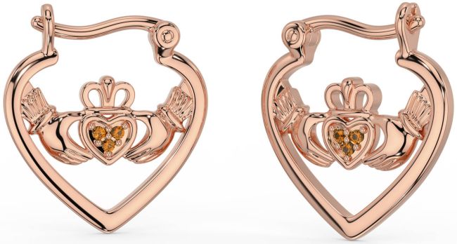 Citrine Rose Gold Claddagh Hoop Earrings