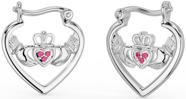 Pink Tourmaline Silver Claddagh Hoop Earrings