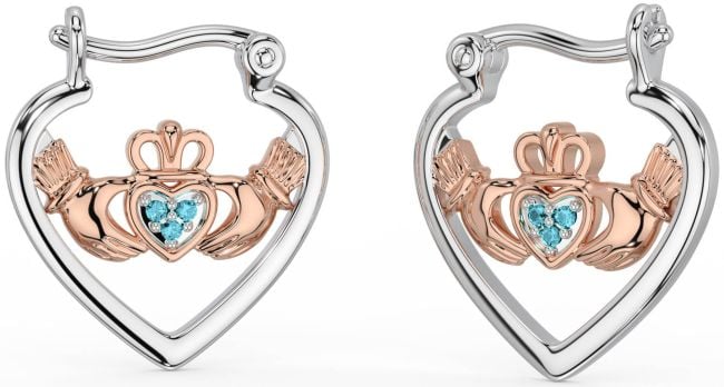 Aquamarine Rose Gold Silver Claddagh Hoop Earrings