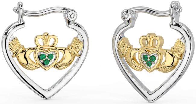 Emerald Gold Silver Claddagh Hoop Earrings