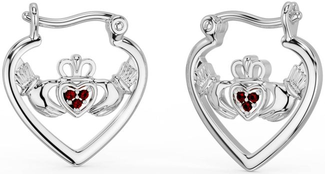 Garnet Beyaz Altın Claddagh Çember Küpeler