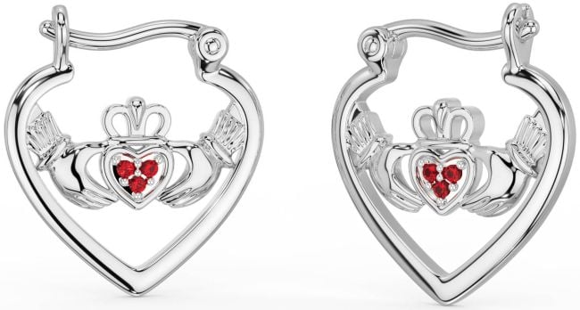 Ruby White Gold Claddagh Hoop Earrings