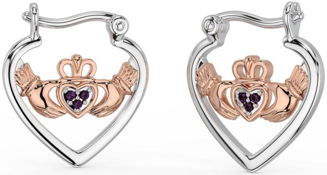 Alexandrite White Rose Gold Claddagh Hoop Earrings