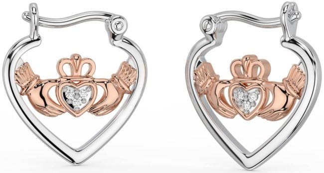 Diamond White Rose Gold Claddagh Hoop Earrings