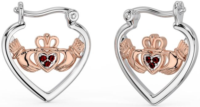 Garnet White Rose Gold Claddagh Hoop Earrings