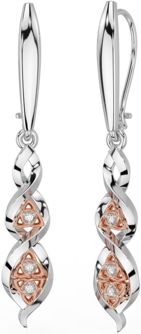 Diamond White Rose Gold Celtic Trinity Knot Dangle Earrings