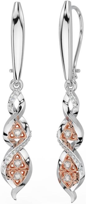 Diamond Rose Gold Silver Celtic Trinity Knot Dangle Earrings