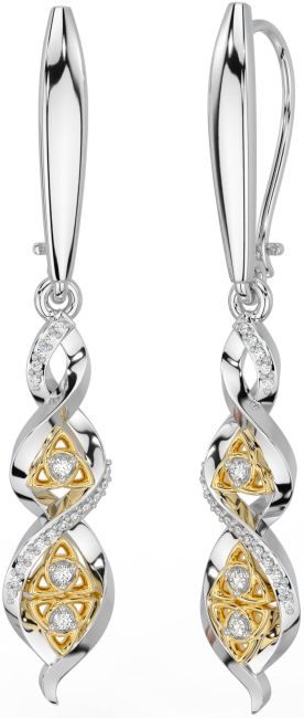 Diamond Gold Silver Celtic Trinity Knot Dangle Earrings