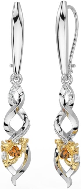 Diamond Citrine Gold Silver Celtic Claddagh Dangle Earrings