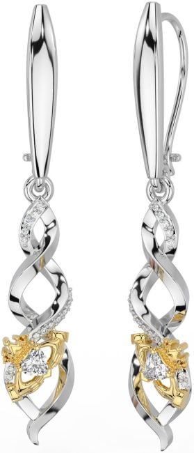 Diamond Gold Silver Celtic Claddagh Dangle Earrings