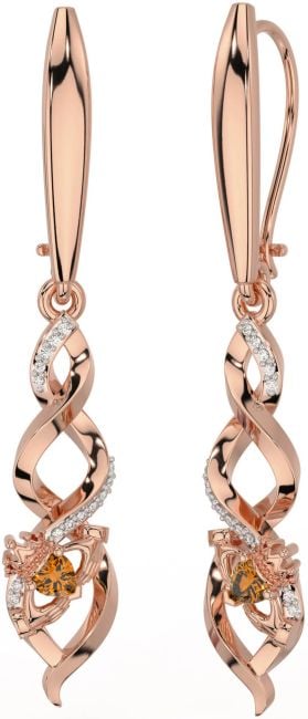 Diamond Citrine Rose Gold Silver Celtic Claddagh Dangle Earrings