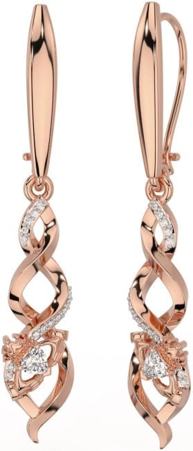 Diamond Rose Gold Silver Celtic Claddagh Dangle Earrings