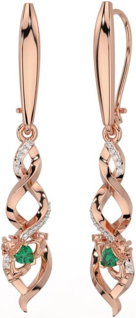 Diamond Emerald Rose Gold Silver Celtic Claddagh Dangle Earrings