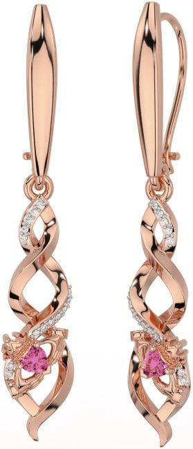 Diamond Pink Tourmaline Rose Gold Silver Celtic Claddagh Dangle Earrings