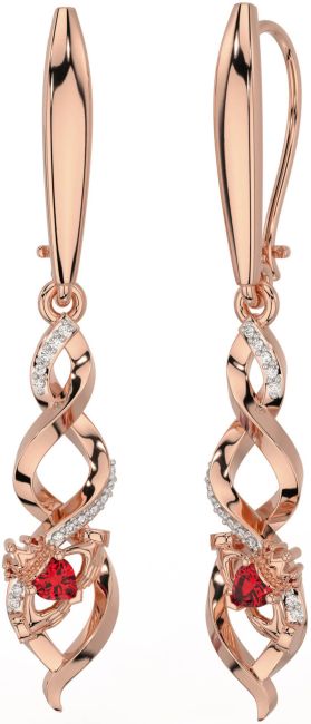 Diamond Ruby Rose Gold Silver Celtic Claddagh Dangle Earrings