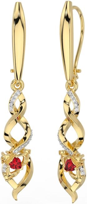 Diamond Ruby Gold Silver Celtic Claddagh Dangle Earrings