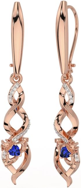 Diamond Sapphire Rose Gold Celtic Claddagh Dangle Earrings