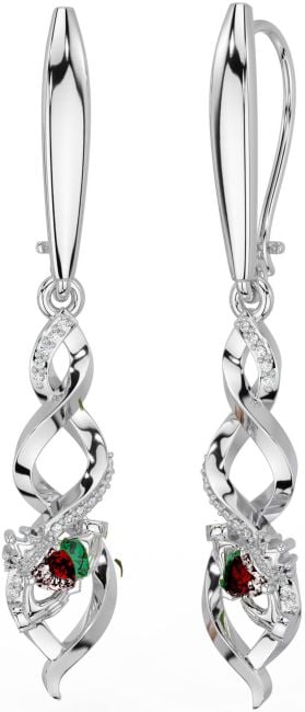 Diamond Garnet Silver Celtic Claddagh Dangle Earrings