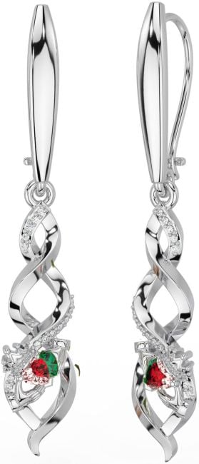 Diamond Ruby Silver Celtic Claddagh Dangle Earrings