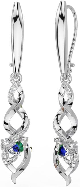 Diamond Sapphire Silver Celtic Claddagh Dangle Earrings