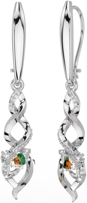 Diamond Citrine White Gold Celtic Claddagh Dangle Earrings