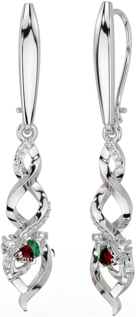 Diamond Garnet White Gold Celtic Claddagh Dangle Earrings