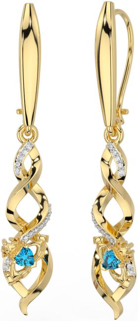 Diamond Topaz Gold Celtic Claddagh Dangle Earrings