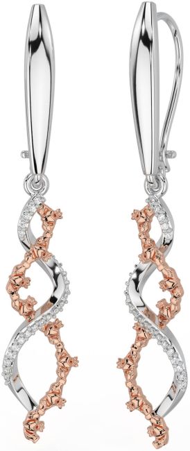 Diamond Rose Gold Silver Celtic Claddagh Dangle Earrings
