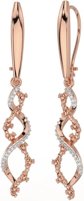 Diamond Rose Gold Silver Celtic Claddagh Dangle Earrings