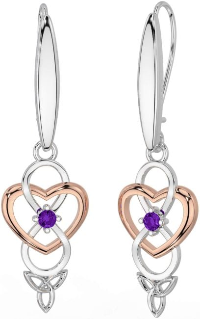 Amethyst Rose Gold Silver Infinity Celtic Trinity Knot Dangle Earrings