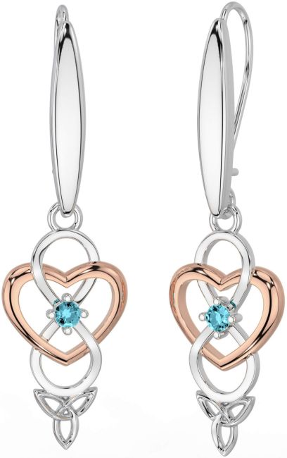 Aquamarine Rose Gold Silver Infinity Celtic Trinity Knot Dangle Earrings