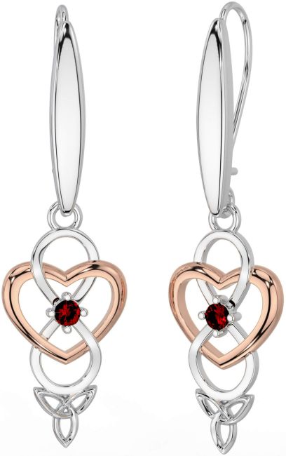 Garnet Rose Gold Silver Infinity Celtic Trinity Knot Dangle Earrings