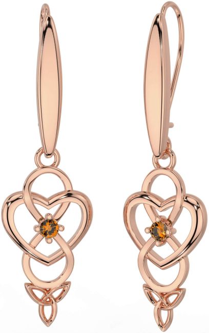 Citrine Rose Gold Silver Infinity Celtic Trinity Knot Dangle Earrings