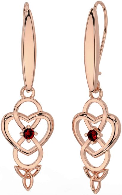 Garnet Rose Gold Silver Infinity Celtic Trinity Knot Dangle Earrings