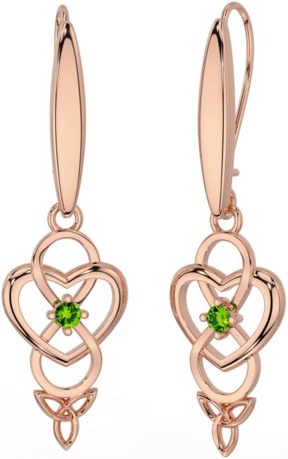 Peridot Rose Gold Silver Infinity Celtic Trinity Knot Dangle Earrings