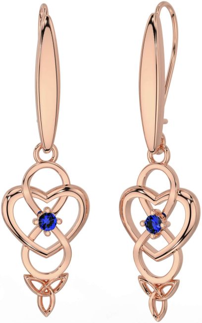 Sapphire Rose Gold Silver Infinity Celtic Trinity Knot Dangle Earrings