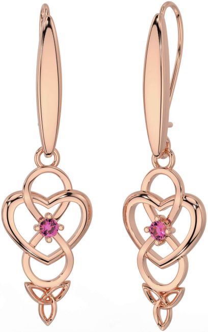 Pink Tourmaline Rose Gold Infinity Celtic Trinity Knot Dangle Earrings