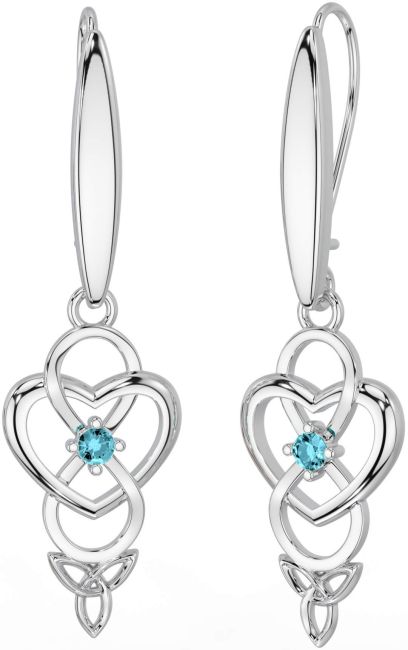 Aquamarine Silver Infinity Celtic Trinity Knot Dangle Earrings