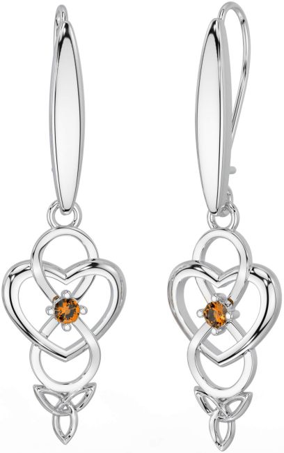 Citrine Silver Infinity Celtic Trinity Knot Dangle Earrings