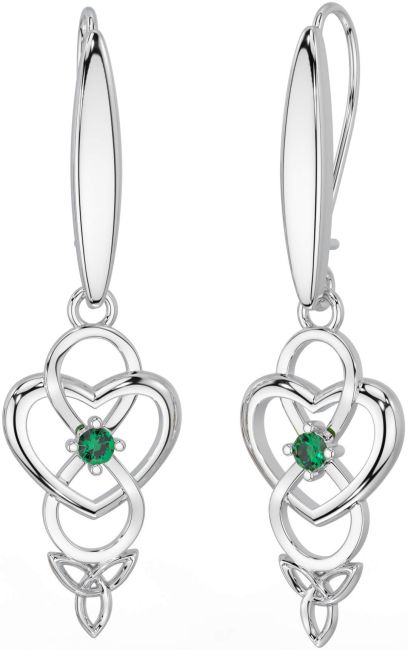 Emerald Silver Infinity Celtic Trinity Knot Dangle Earrings