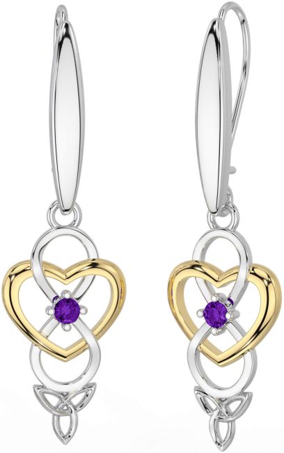 Amethyst Gold Silver Infinity Celtic Trinity Knot Dangle Earrings