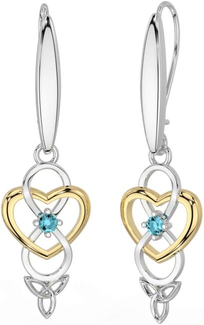 Aquamarine Gold Silver Infinity Celtic Trinity Knot Dangle Earrings